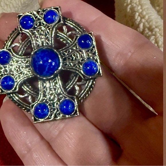 Vintage Silver Tone Celtic Cross 1.25" Irish Pin Pendant Combo Glass Cabochons - Picture 7 of 8